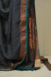 Charcoal Grey Plain Linen Saree With Green Tassels - SRCGPLS519