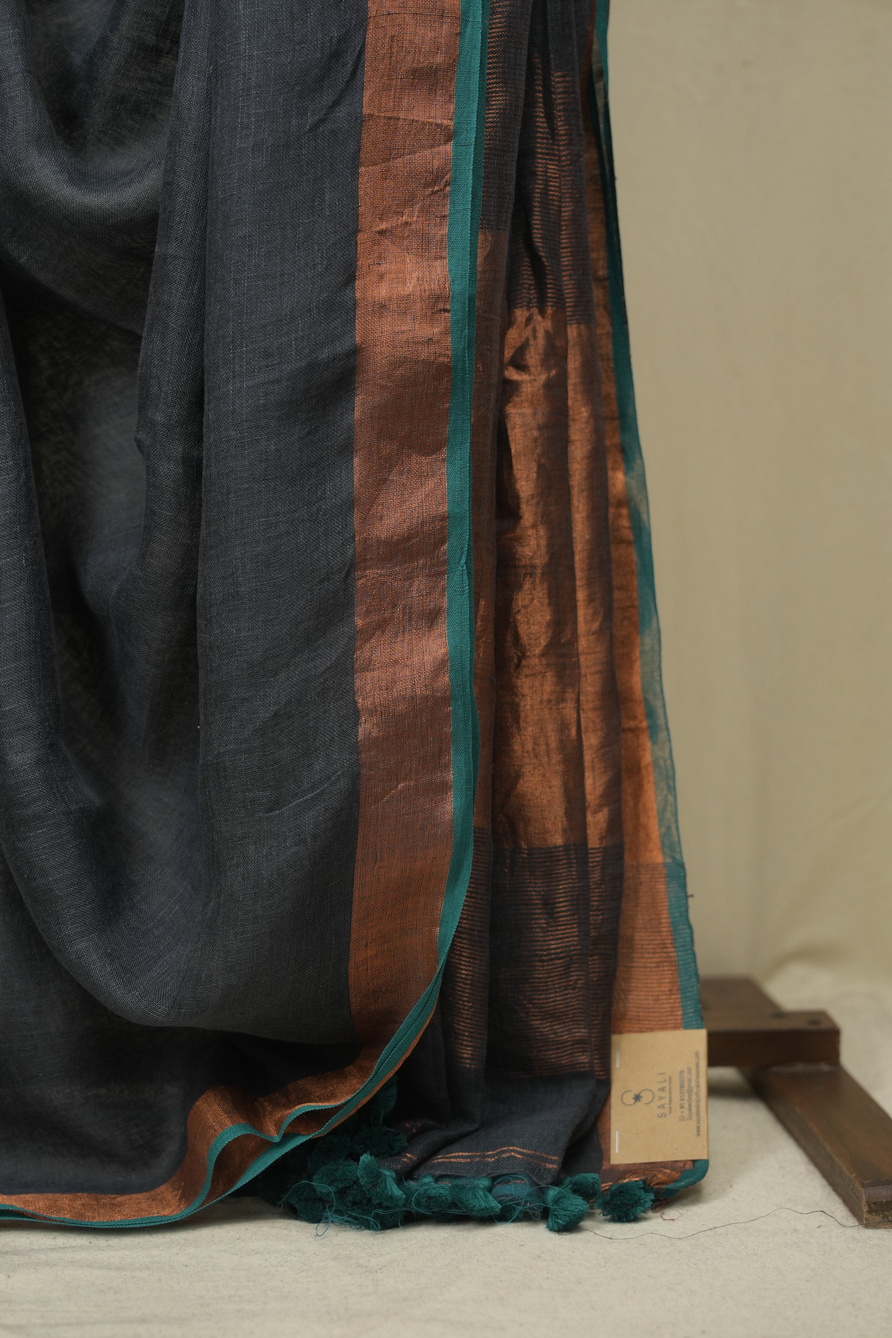 Charcoal Grey Plain Linen Saree With Green Tassels - SRCGPLS519