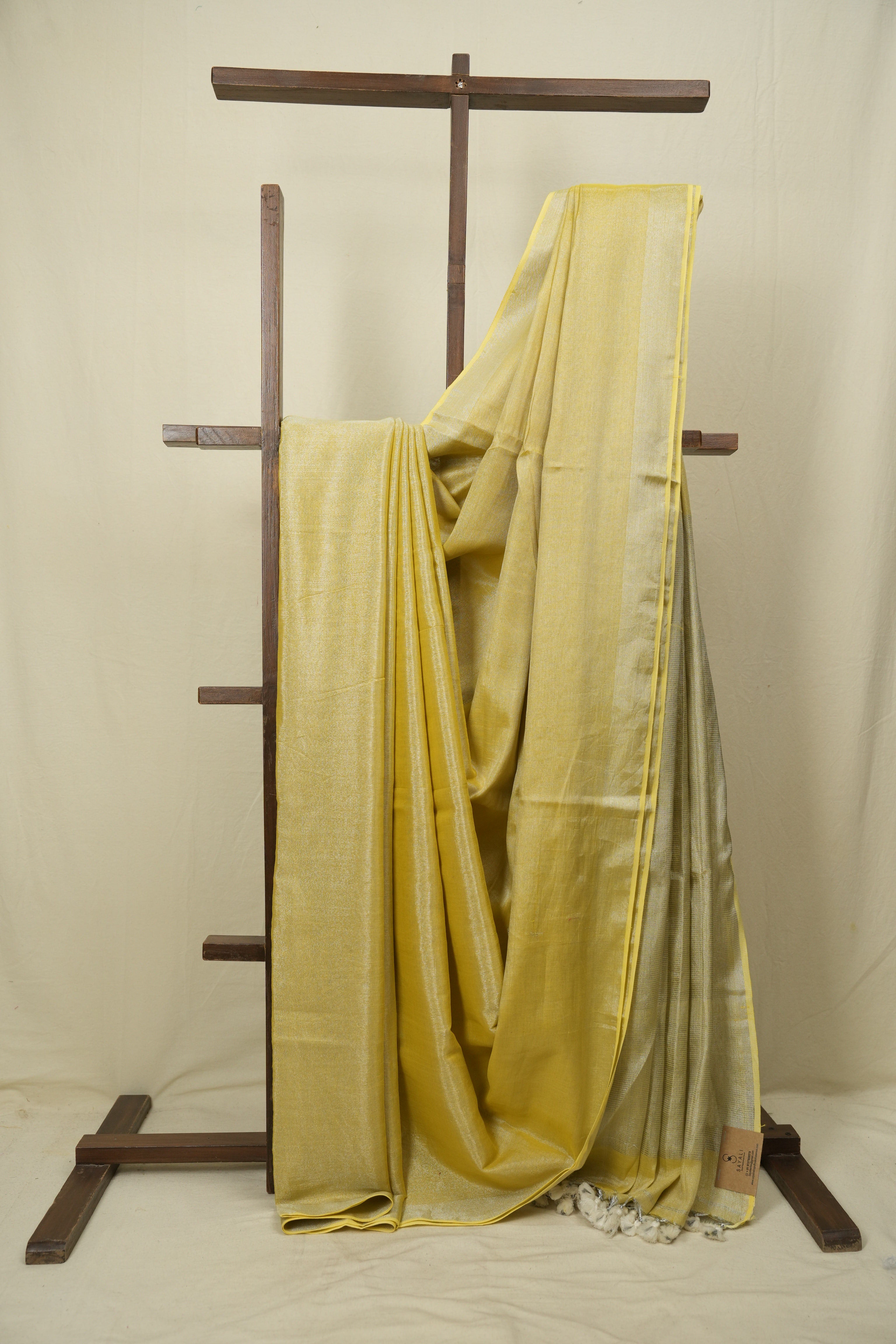 Lemon Yellow Plain Tissue Linen Saree with Tassels - SRLYPTLS307