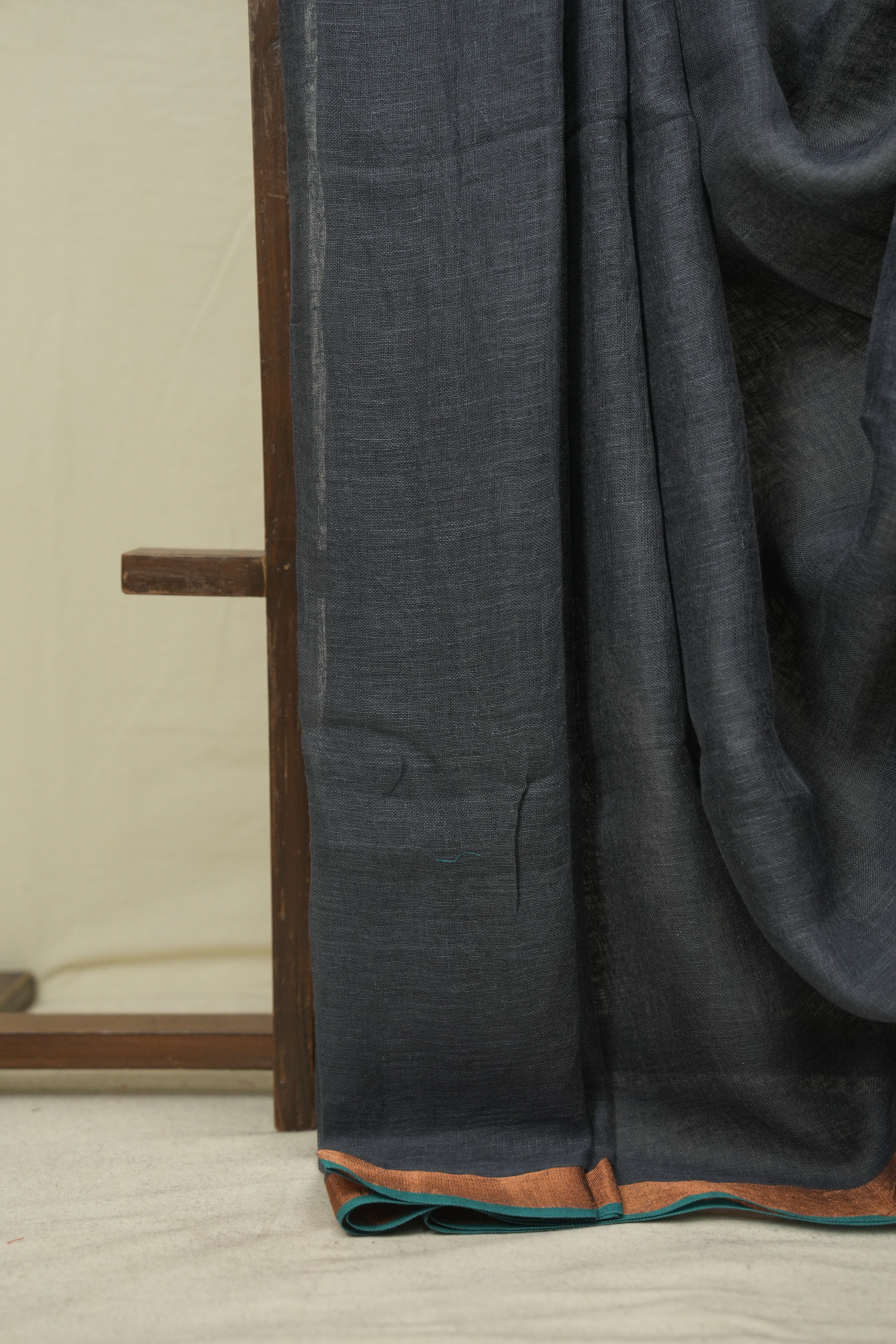 Charcoal Grey Plain Linen Saree With Green Tassels - SRCGPLS519