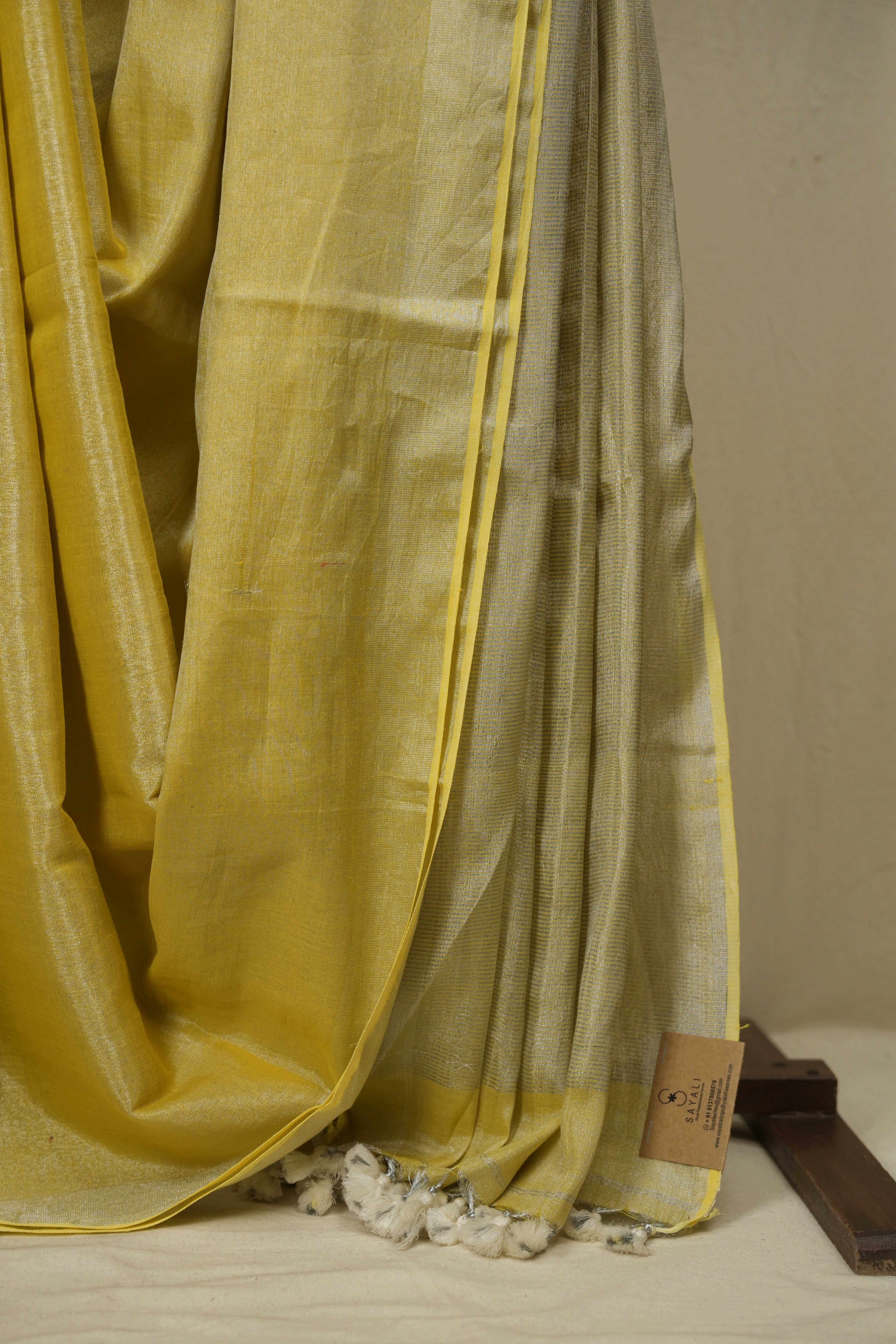 Lemon Yellow Plain Tissue Linen Saree with Tassels - SRLYPTLS307