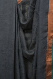 Charcoal Grey Plain Linen Saree With Green Tassels - SRCGPLS519