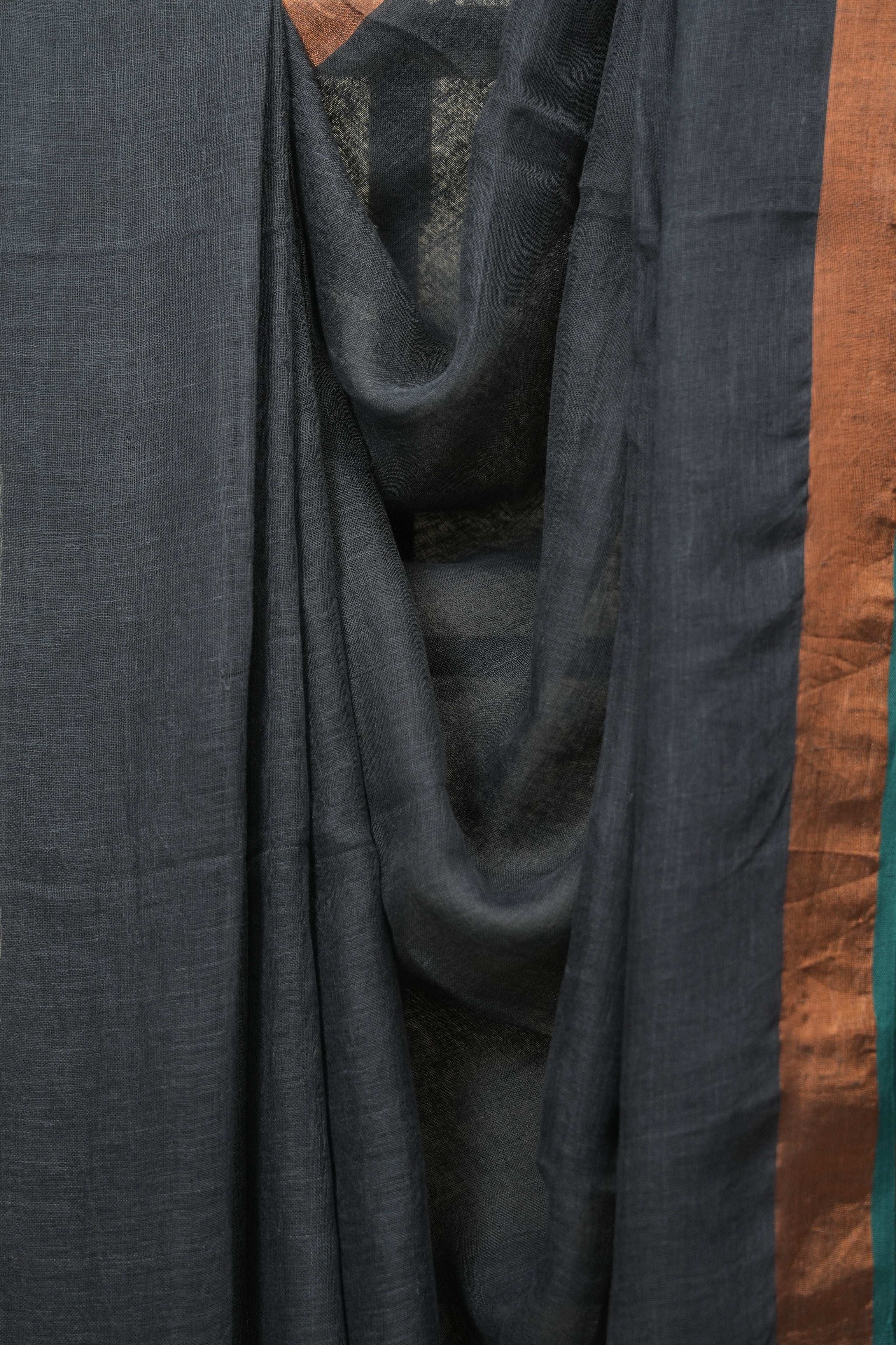 Charcoal Grey Plain Linen Saree With Green Tassels - SRCGPLS519