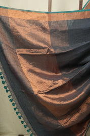 Charcoal Grey Plain Linen Saree With Green Tassels - SRCGPLS519