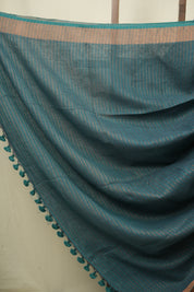Charcoal Grey Plain Linen Saree With Green Tassels - SRCGPLS519