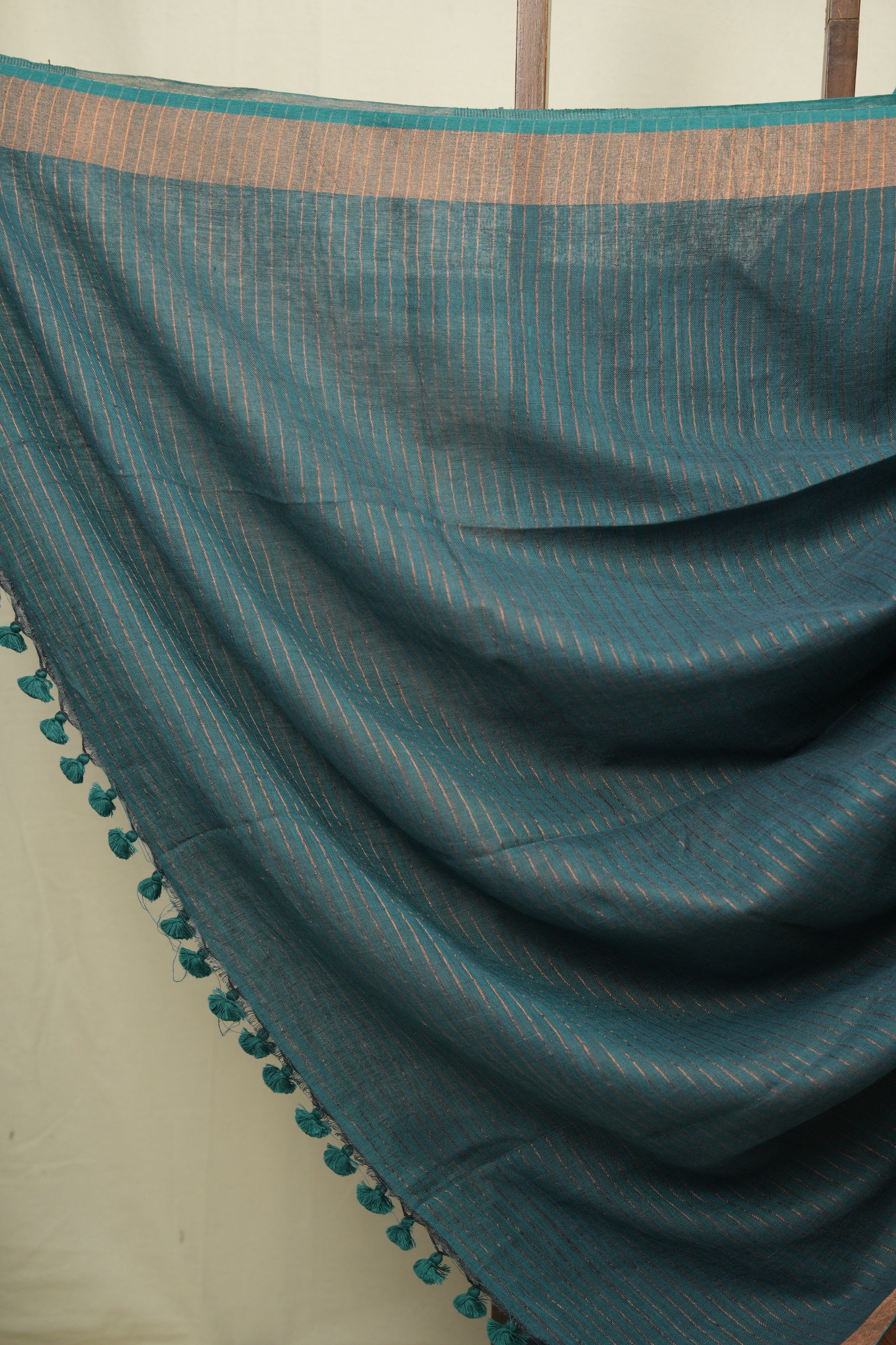 Charcoal Grey Plain Linen Saree With Green Tassels - SRCGPLS519