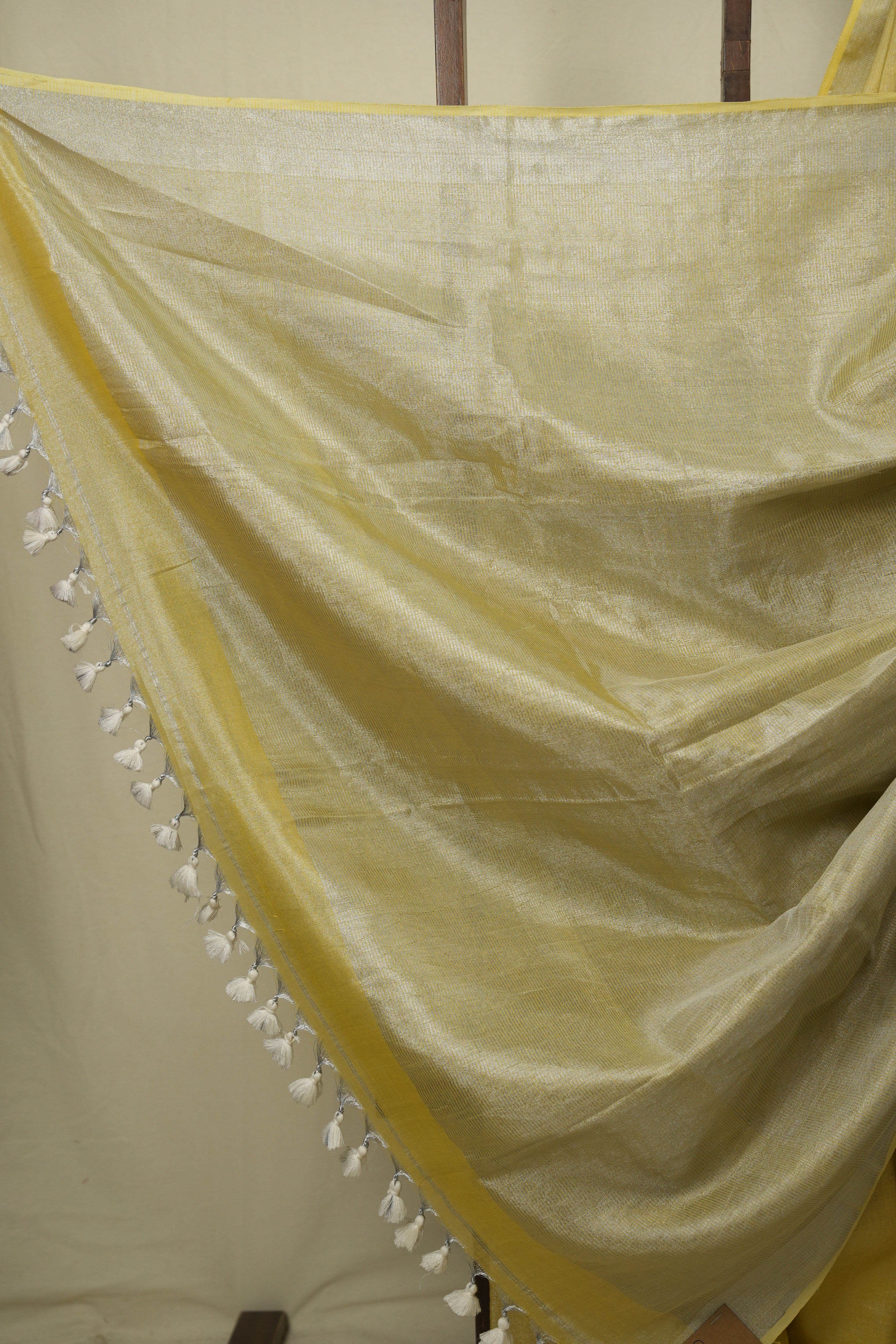 Lemon Yellow Plain Tissue Linen Saree with Tassels - SRLYPTLS307