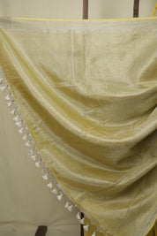 Lemon Yellow Plain Tissue Linen Saree with Tassels - SRLYPTLS307
