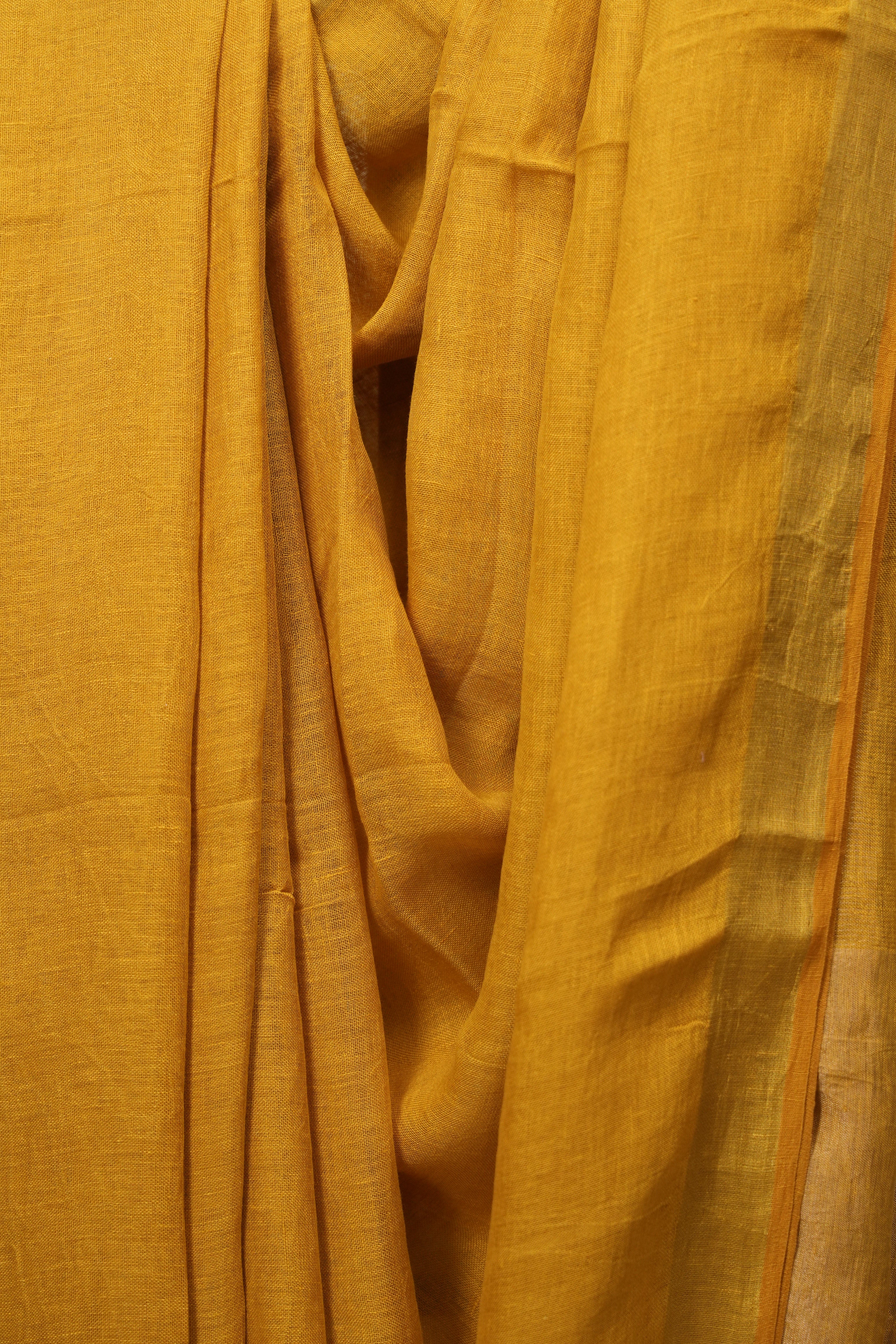 Mustard Yellow Plain Linen Saree With Gold Tassels - SRMYPLS516