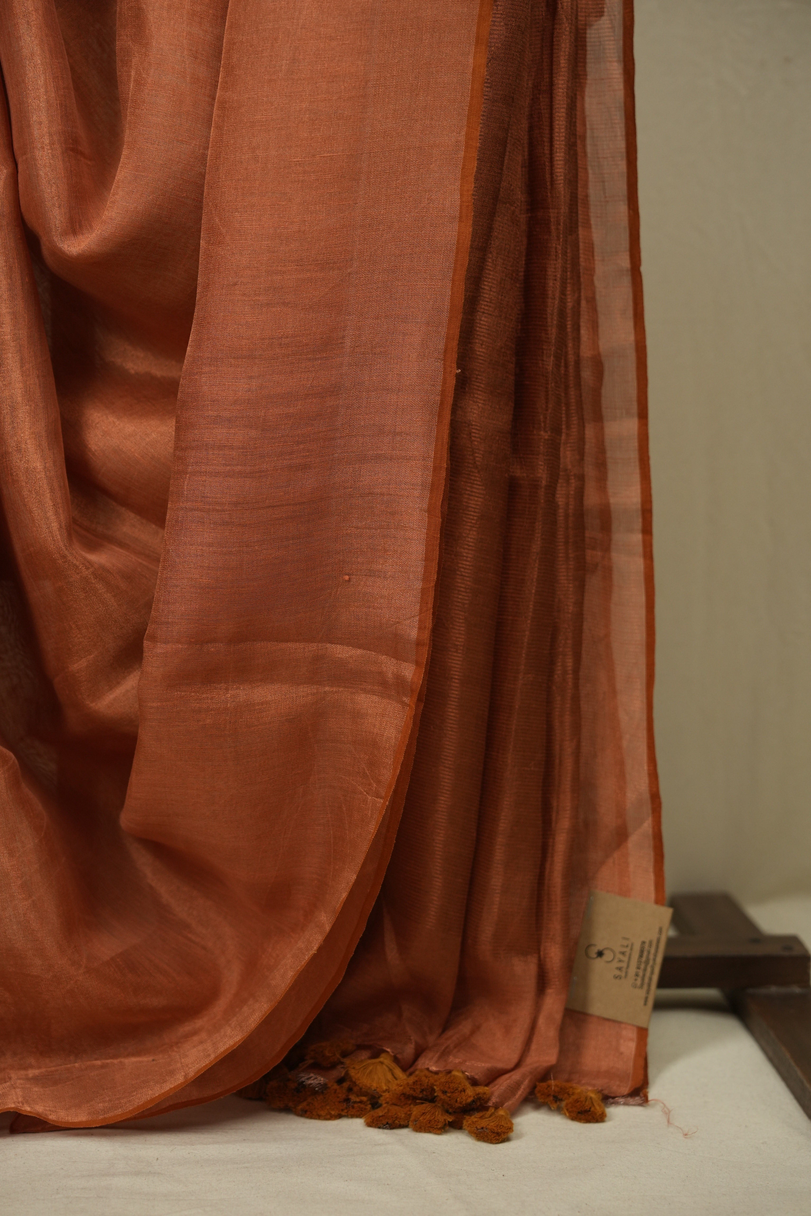 Peach Plain Tissue Linen Saree with Tassels - SRPPTLS306