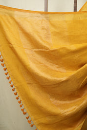 Mustard Yellow Plain Linen Saree With Gold Tassels - SRMYPLS516
