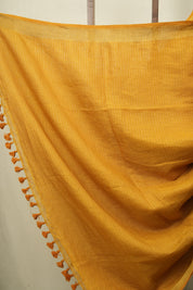 Mustard Yellow Plain Linen Saree With Gold Tassels - SRMYPLS516