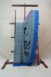Sky Blue Big Checks Cotton Patteda Anchu Saree - SRSBPAS197