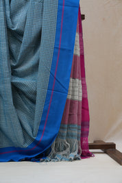 Sky Blue Big Checks Cotton Patteda Anchu Saree - SRSBPAS197
