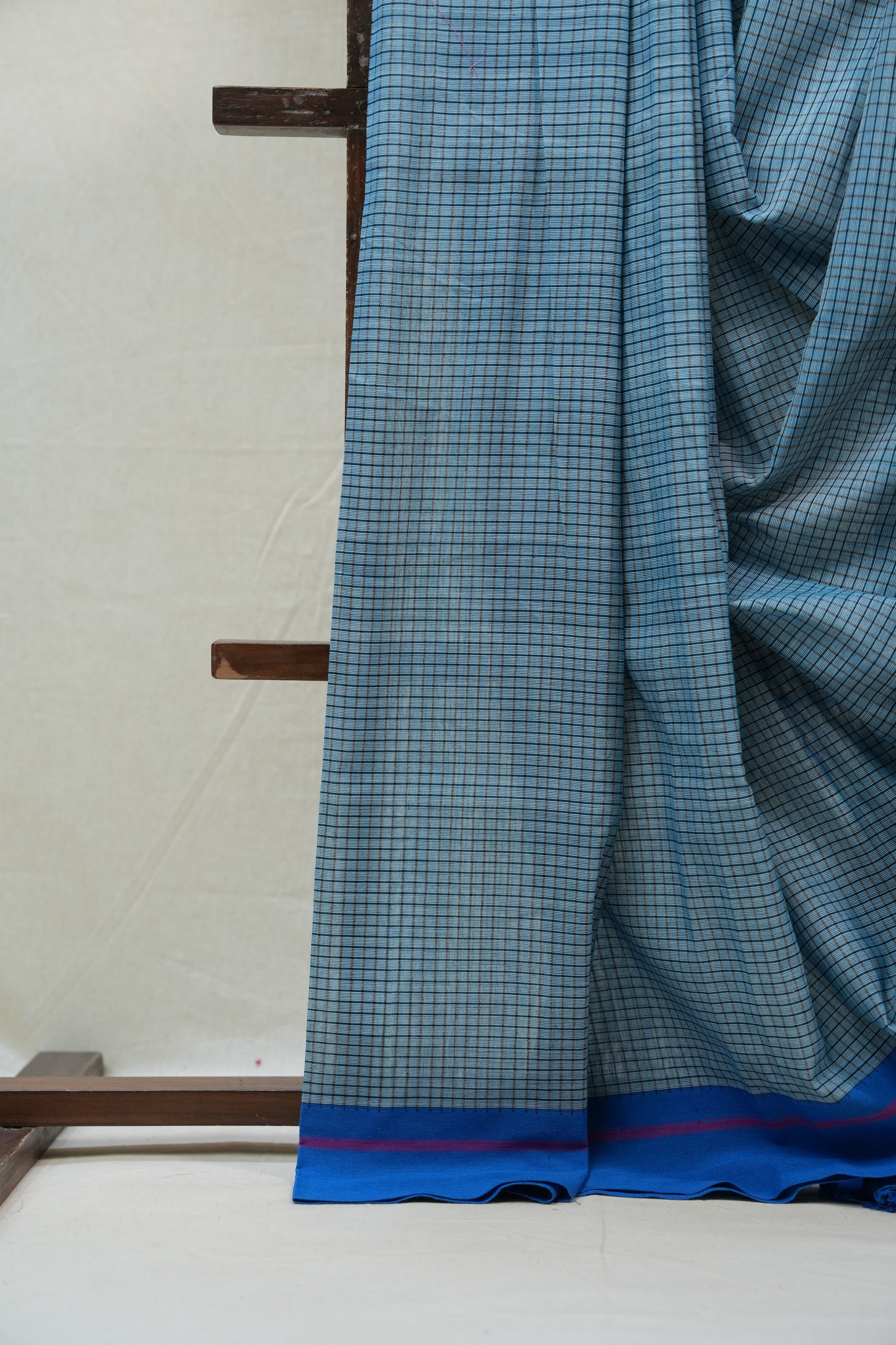 Sky Blue Big Checks Cotton Patteda Anchu Saree - SRSBPAS197