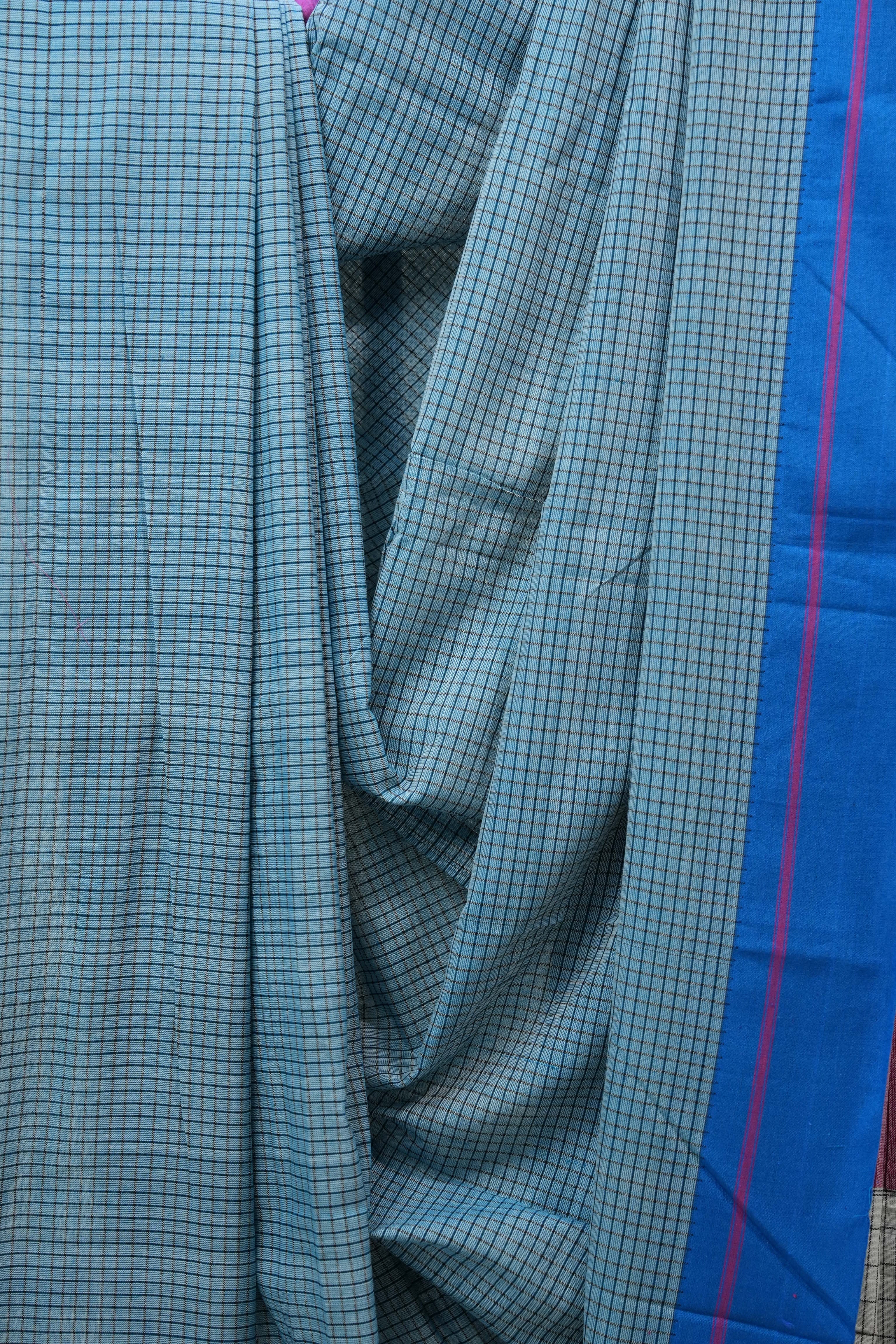 Sky Blue Big Checks Cotton Patteda Anchu Saree - SRSBPAS197