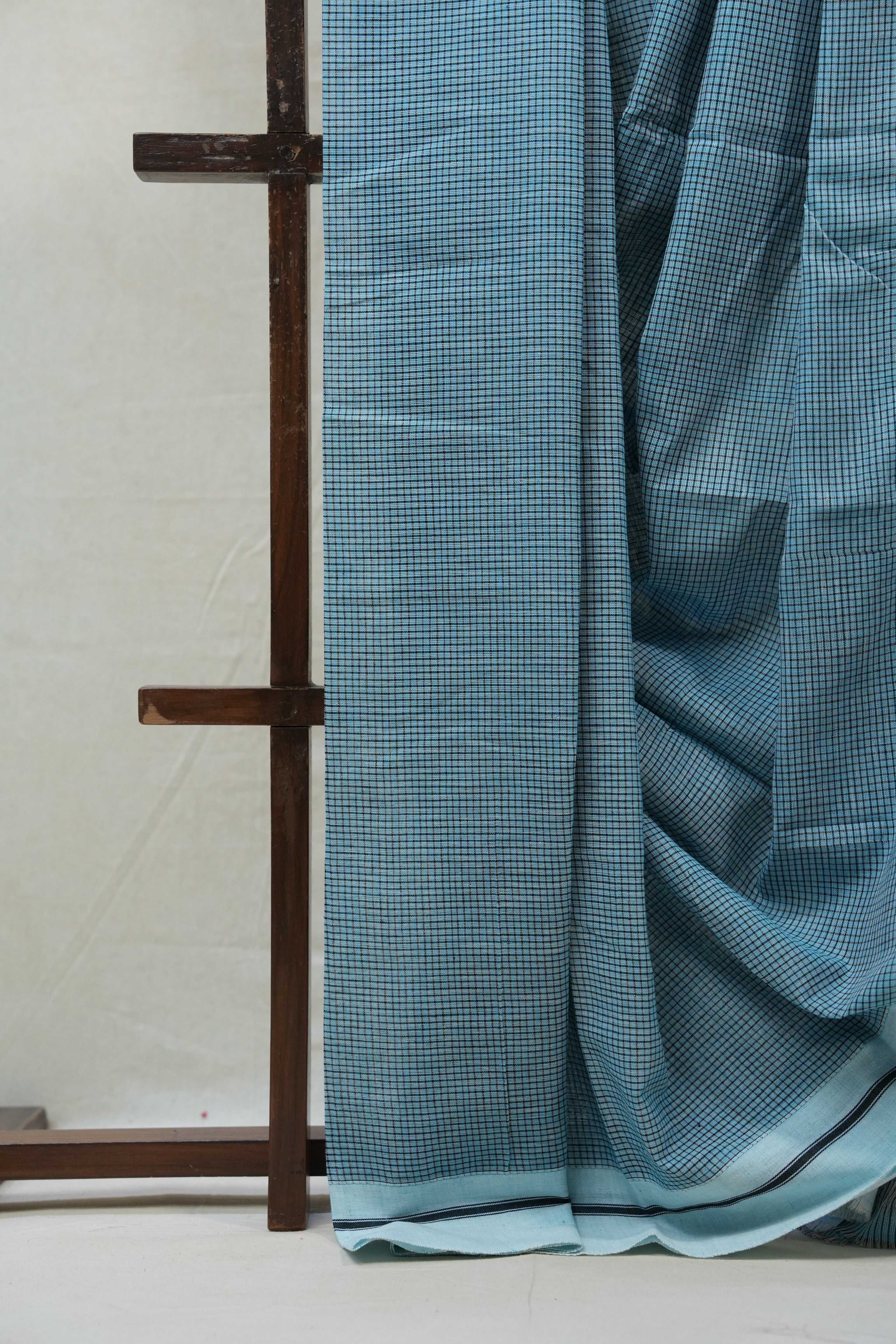 Sky Blue Small Checks Cotton Patteda Anchu Saree - SRSBPAS210