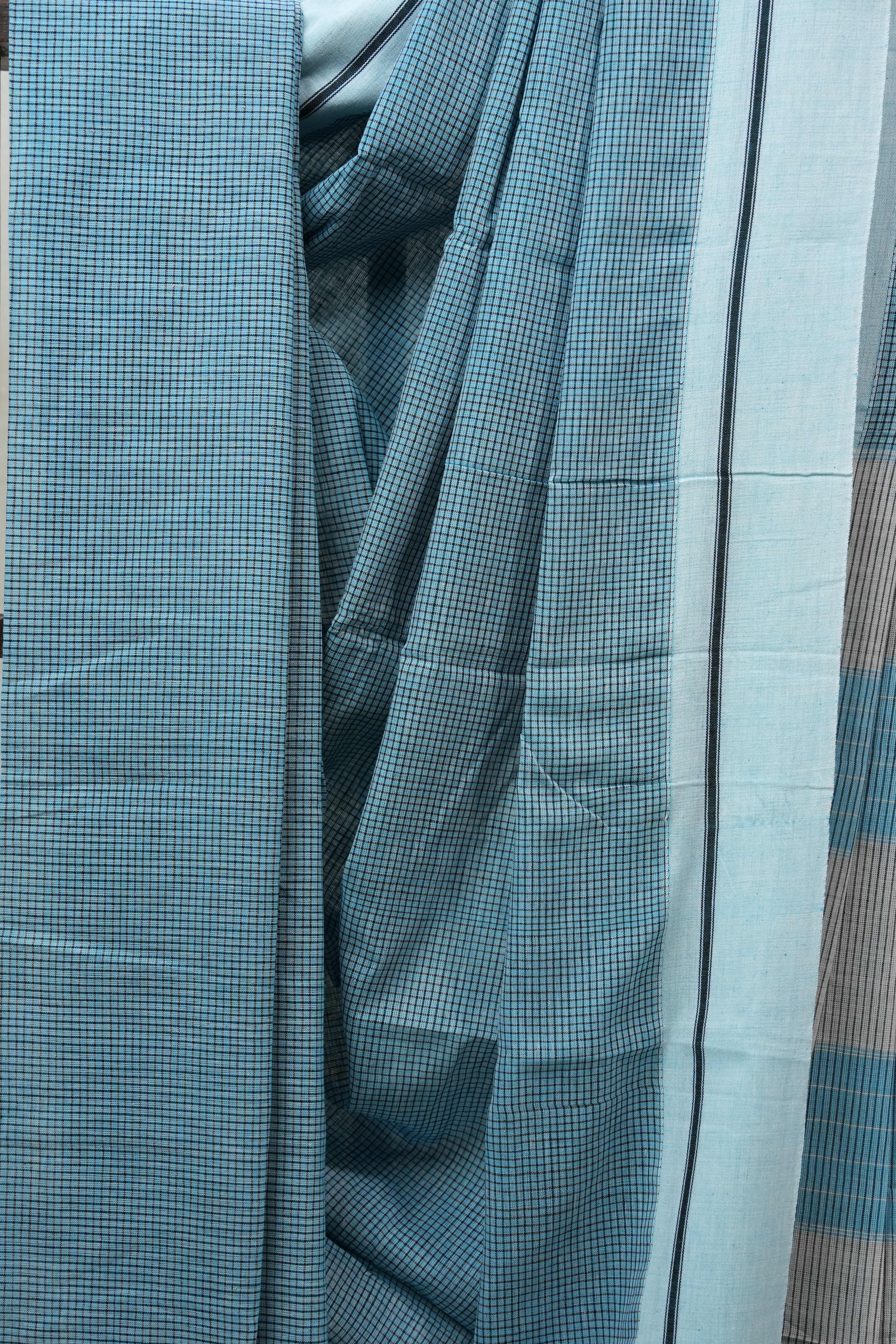 Sky Blue Small Checks Cotton Patteda Anchu Saree - SRSBPAS210