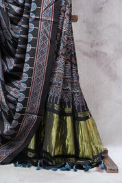 Black Ajrakh HBP Modal Silk Saree - SRBAMSS57
