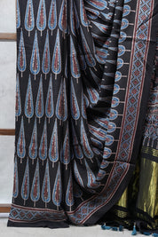 Black Ajrakh HBP Modal Silk Saree - SRBAMSS57