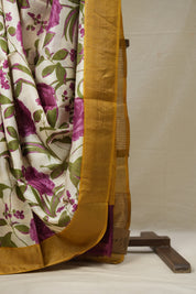 Yellow Pink Printed Tussar Silk Saree - SRYPPTSS009