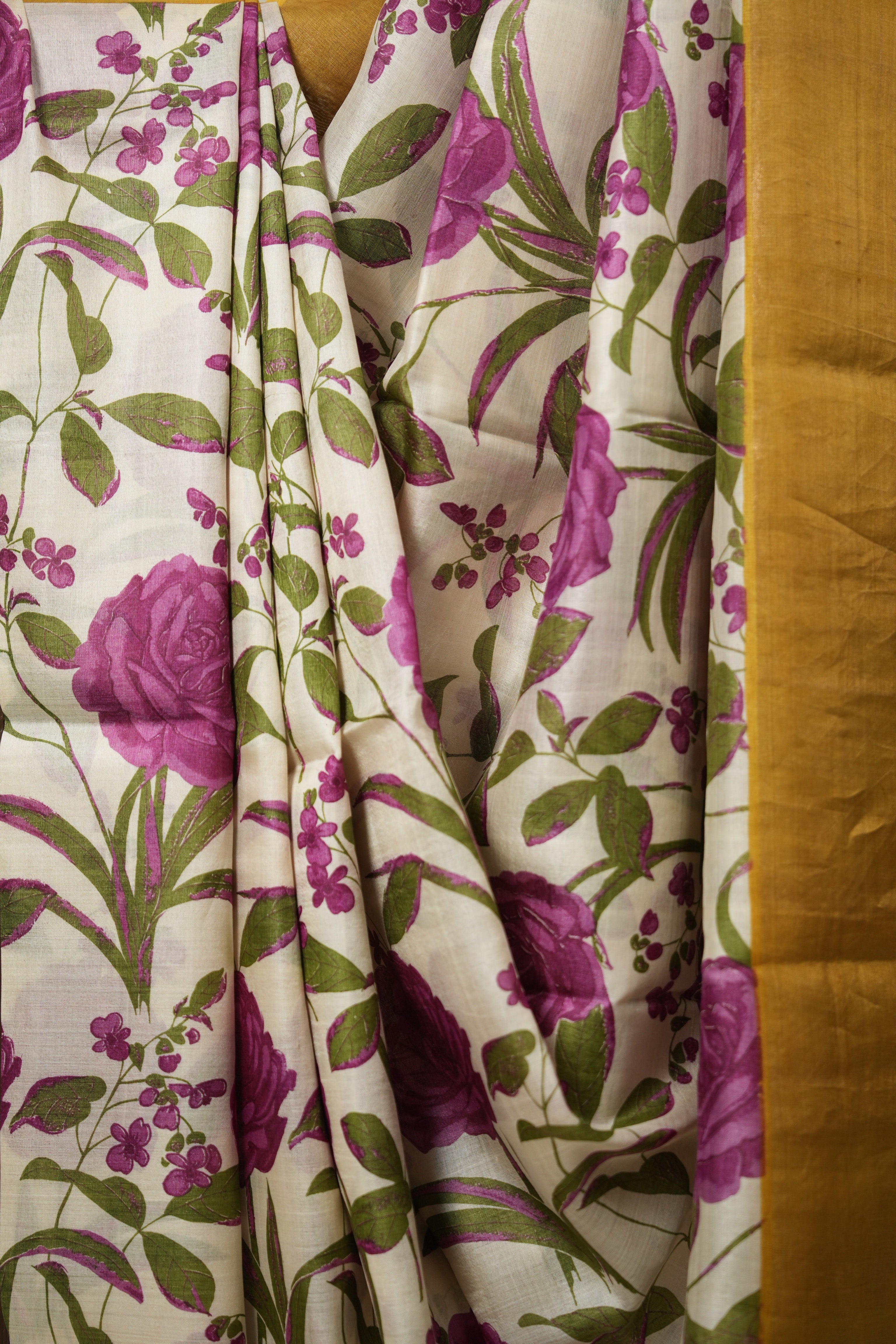 Yellow Pink Printed Tussar Silk Saree - SRYPPTSS009