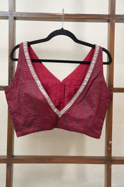 Dark Maroon Sleeveless Khun V-Neck Blouse With Border - SRDMKB03