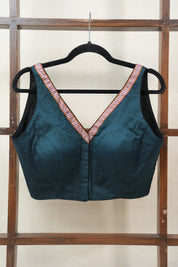 Rama Green Sleeveless Khun V-Neck Blouse With Border - SRRGKB02