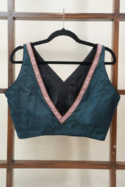 Rama Green Sleeveless Khun V-Neck Blouse With Border - SRRGKB02