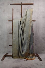 Golden Grey Tissue Linen Jamdani Saree With Tassels - SRGGTLJS112
