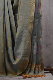 Golden Grey Tissue Linen Jamdani Saree With Tassels - SRGGTLJS112