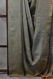 Golden Grey Tissue Linen Jamdani Saree With Tassels - SRGGTLJS112