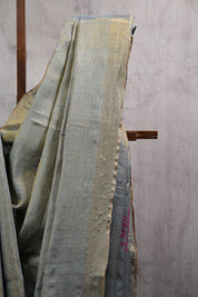 Golden Grey Tissue Linen Jamdani Saree With Tassels - SRGGTLJS112