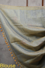 Golden Grey Tissue Linen Jamdani Saree With Tassels - SRGGTLJS112