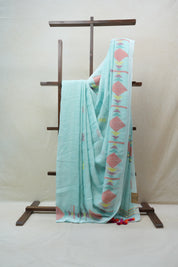 Turquoise Linen Jamdani Saree With Tassels - SRTLJS383