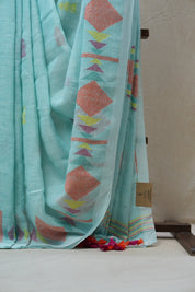 Turquoise Linen Jamdani Saree With Tassels - SRTLJS383