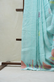 Turquoise Linen Jamdani Saree With Tassels - SRTLJS383