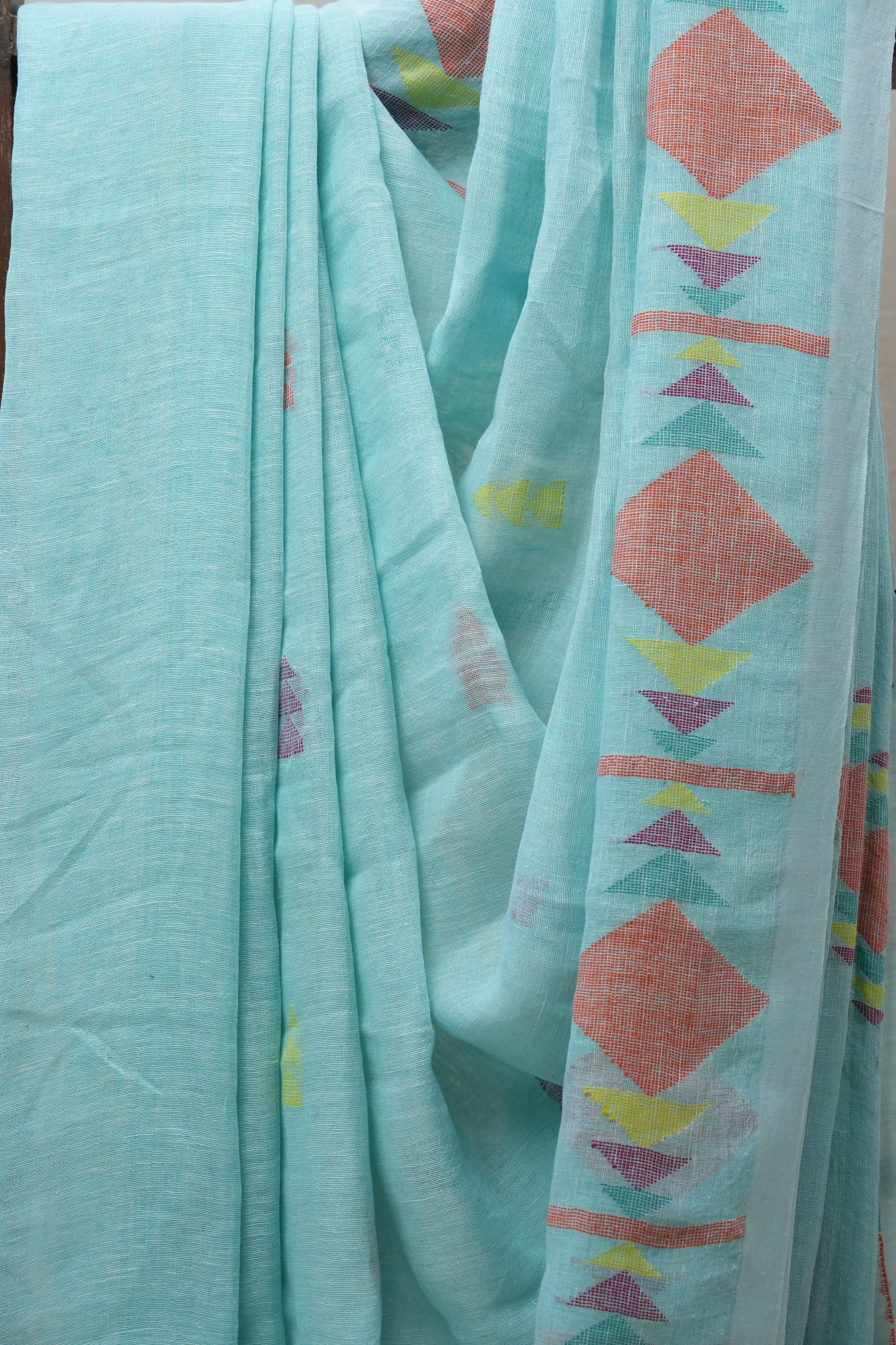 Turquoise Linen Jamdani Saree With Tassels - SRTLJS383