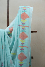 Turquoise Linen Jamdani Saree With Tassels - SRTLJS383