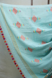 Turquoise Linen Jamdani Saree With Tassels - SRTLJS383