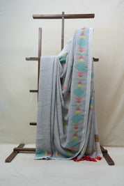 Grey Linen Jamdani Saree With Tassels - SRGLJS382