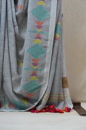 Grey Linen Jamdani Saree With Tassels - SRGLJS382