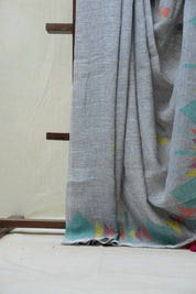 Grey Linen Jamdani Saree With Tassels - SRGLJS382