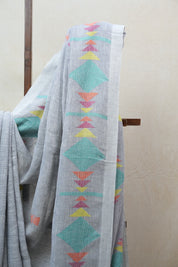 Grey Linen Jamdani Saree With Tassels - SRGLJS382