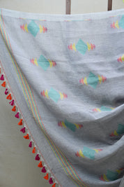 Grey Linen Jamdani Saree With Tassels - SRGLJS382