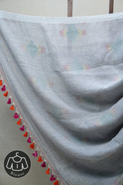 Grey Linen Jamdani Saree With Tassels - SRGLJS382
