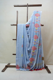Blue Linen Jamdani Saree With Tassels - SRBLJS380