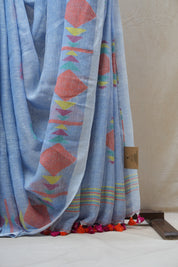 Blue Linen Jamdani Saree With Tassels - SRBLJS380