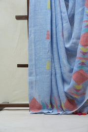 Blue Linen Jamdani Saree With Tassels - SRBLJS380