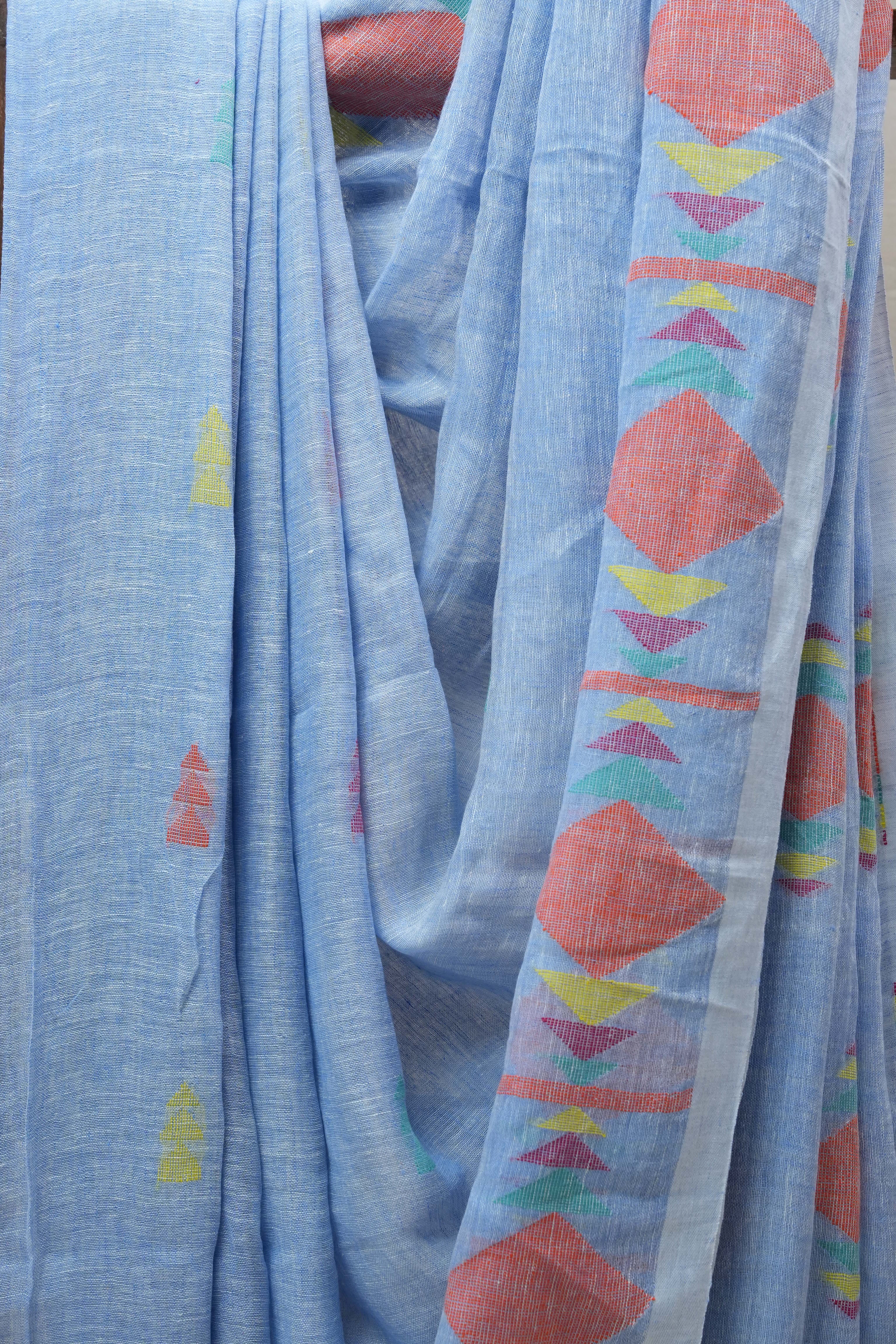 Blue Linen Jamdani Saree With Tassels - SRBLJS380